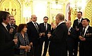 После торжественной церемонии Владимир Путин кратко пообщался с награждёнными золотыми медалями Героя Труда и лауреатами Государственных премий.