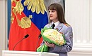 The medal of the Order for Services to the Fatherland, II degree is presented to Olesya Loskutova, deputy head of the Main Information Analysis Centre at the Russian Ministry of the Interior, lieutenant colonel of the internal service.
