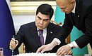 Signing documents following Russia-Turkmenistan talks. President of Turkmenistan Gurbanguly Berdimuhamedov. Photo: TASS