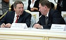 Meeting with re-elected heads of Russian federal constituent entities. Governor of Lipetsk Region Oleg Korolev (left) and Governor of Kursk Region Alexander Mikhailov.