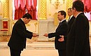 Presentation by foreign ambassadors of their letters of credence. Dmitry Medvedev receives a letter of credence from Ambassador of the Kingdom of Thailand Chalermpol Thanchitt.