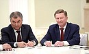 Chief of Staff of the Presidential Executive Office Sergei Ivanov (right) and First Deputy Chief of Staff of the Presidential Executive Office Vyacheslav Volodin at a meeting with representatives of the Federation of Independent Trade Unions of Russia.