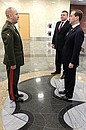 Visit to the Military Intelligence Directorate (GRU) of the Russian Armed Forces General Staff. With Major General Igor Sergun, head of the Military Intelligence Directorate and deputy Chief of the General Staff (left), and Defence Minister Anatoly Serdyukov.