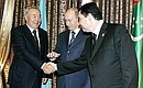 During the three-party talks: on the left, President of Kazakhstan Nursultan Nazarbaev and, on the right, President of Turkmenistan Gurbanguly Berdymukhammedov.