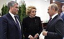 With Federation Council Speaker Valentina Matviyenko and State Duma Speaker Vyacheslav Volodin before the opening ceremony of the 137th Assembly of the Inter-Parliamentary Union.