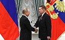 Presentation of state decorations in the Kremlin. Alexei Miller, Chairman of the Management Committee, Deputy Chairman of the Board of Directors of Gazprom, receives the title of Hero of Labour of the Russian Federation.