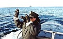 Во время наблюдения за боевыми учениями Северного флота с борта атомного подводного ракетоносца «Карелия».