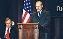 President Vladimir Putin making a public address at Rice University.