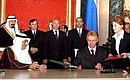 The State Committee for Physical Culture, Sports and Tourism (Goscomsport) of Russia and the Youth and Sports Body of Saudi Arabia signing the Memorandum of Understanding in the presence of President Vladimir Putin and Crown Prince Abdullah ibn Abdul Aziz al Saud. Vyacheslav Fetisov, Head of Goscomsport, signing the document on Russia\'s behalf.