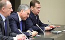 Before the meeting with permanent members of the Security Council. From right: Prime Minister Dmitry Medvedev, State Duma Speaker Vyacheslav Volodin and Security Council Secretary Nikolai Patrushev.