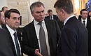 Presidential Aide Igor Levitin, State Duma Speaker Vyacheslav Volodin and Transport Minister Maxim Sokolov before a State Council meeting on Russia’s environmental development for future generations.