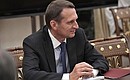 Director of the Foreign Intelligence Service Sergei Naryshkin at a meeting with permanent members of the Security Council.