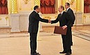 Presentation by foreign ambassadors of their letters of credence. Vladimir Putin receives a letter of credence from Ambassador of the Republic of Egypt Mahmoud Gamil Ahmed ElDieb.