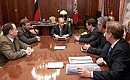 A meeting with the head of the Presidential Administration, Dmitri Medvedev, head of the Federal Agency for Physical Culture and Sport, Vyacheslav Fetisov, President of the Russian Olympic Commitee, Leonid Tyagachev, President of Sistema, Vladimir Evtushenkov, and chairman of the board of directors of Novolipetsk Steel, Vladimir Lisin.