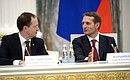 Before the meeting with delegates to the National Historical Assembly. Culture Minister Vladimir Medinsky (left) and State Duma Speaker Sergei Naryshkin.