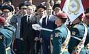 Servicemen from the Moscow Military Garrison marched past following a wreath-laying ceremony at the Tomb of the Unknown Soldier in the Alexandrovsky Garden.