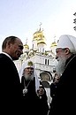 Before the beginning of the reception in honour of the reunification of the Russian Orthodox Church. With the head of the Bishops\' Synod of the Russian Orthodox Church Abroad Metropolitan Laurus (right) and Patriarch of Moscow and all-Russia Aleksei II.