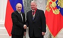 Ceremony for presenting state decorations. The Order for Services to the Fatherland II degree was awarded to Chairman of the Federation of Independent Trade Unions Mikhail Shmakov.