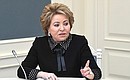 Federation Council Speaker Valentina Matviyenko at the meeting with permanent members of the Security Council, held via videoconference.