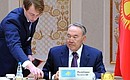 President of Kazakhstan Nursultan Nazarbayev at a ceremony signing documents at the Supreme Eurasian Economic Council’s meeting.
