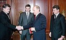 Working meeting with the President of Chechnya, Alu Alkhanov, Minister of Public Health and Social Development Mikhail Zurabov, and Presidential Plenipotentiary Envoy to the Southern Federal District Dmitrii Kozak.