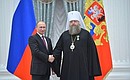 Head of the Don archdiocese of the Russian Orthodox Church, Metropolitan Mercurius of Rostov and Novocherkassk is awarded the Order of Friendship.