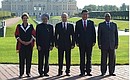BRICS summit participants. Left to right: President of Brazil Dilma Rousseff, Prime Minister of India Manmohan Singh, Vladimir Putin, President of China Xi Jinping, and President of South Africa Jacob Zuma.
