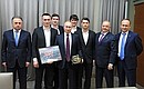 At a meeting with Russia’s national bandy team. Far left – Sports Minister Vitaly Mutko, second right – President of the International Bandy Federation, President of the Russian Bandy Federation, Honoured Coach of Russia Boris Skrynnik; far right – chief coach of Russia’s national bandy team, Vice-President of the Russian Bandy Federation, Honoured Coach of Russia Sergei Myaus.