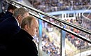 Vladimir Putin attends a Continental Hockey League championship match between ice hockey teams Admiral (Vladivostok) and Ak Bars (Kazan).