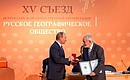 XV congress of the Russian Geographical Society. Viktor Fuks, a hydrologist from St Petersburg University, was awarded the Fyodor Litke Gold Medal. Photo: Ilya Melnikov, Russian Geographical Society