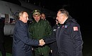 Arrival at the Yantar Shipyard. With Minister of Defence Sergei Shoigu, President of the United Shipbuilding Corporation Alexei Rakhmanov, right, and General Director of the shipyard Eduard Yefimov.