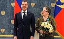 Presenting Russian state decorations to foreign citizens. Ella Kanaite, Chairwoman of the Association of Russian School Teachers in the Republic of Lithuania, receives the Pushkin Medal.