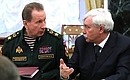 Before the Security Council meeting. Director of the Federal National Guard Service and Commander-in-Chief of the National Guard Viktor Zolotov (left) and St Petersburg Governor Georgy Poltavchenko.