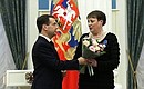 Fitter of radio-electronic equipment at the Progress State Research and Production Space Centre Tatyana Zhurkina was awarded the Order of Merit.