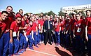 With Russian athletes at the Athletes Village of the 2nd European Games. Photo: TASS