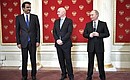 With Emir of Qatar Tamim bin Hamad Al Thani, left, and FIFA President Gianni Infantino at the ceremony to hand over the 2022 World Cup host mantle to Qatar.