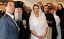 Dmitry Medvedev and Svetlana Medvedeva visited the Spaso-Preobrazhensky monastery. With Archbishop Yevlogy of Vladimir and Suzdal.