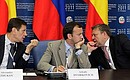 At a meeting with representatives of Russian and Spanish business circles. From left to right: Deputy Prime Minister Alexander Zhukov, Presidential Aide Arkady Dvorkovich, Governor of Leningrad Region Valery Serdyukov.