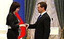 Ceremony of presenting 2010 Presidential Prize in Science and Innovation for Young Scientists. The prize was awarded to Natalya Uvarova for the creation of new generation high-temperature ceramic composites for advanced propulsion equipment and hypersonic aircraft.