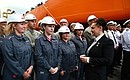 Before name-giving ceremony for Alexei Kosygin Arctic gas tanker (left) and Valentin Pikul shuttle tanker at Zvezda shipbuilding complex. Photo: Pavel Bednyakov, RIA Novosti