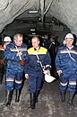 President Putin with Johnson Khagazheyev (left), general director of the transpolar subsidiary of the Norilsk Nickel mining and metals plant, and Batraz Kubalov, mine director, visiting operations one kilometer below ground at Oktyabrsky Mine.