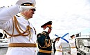 Prior to making the rounds of the parade line of Russia’s military ships at the Kronstadt Yard. Commander-in-Chief of the Russian Navy Nikolai Yevmenov (left) and Commander of the Western Military District’s Forces Aleksandr Zhuravlev.