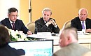 Founder of the charity fund Dar Nikita Mishin, Art Director of the State Academic Maly Theatre of Russia Yury Solomin, and Rostec State Corporation CEO Sergei Chemezov (from left to right) at the meeting of the Board of Trustees of Lomonosov Moscow State University.