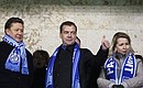 Дмитрий и Светлана Медведевы, председатель правления компании «Газпром» Алексей Миллер на футбольном матче «Зенит» – «Шахтёр».