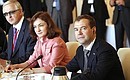 At a meeting with Russian and German business leaders. With Russia’s Economic Development Minister Elvira Nabiullina and President of the Russian Union of Industrialists and Entrepreneurs (RSPP) Alexander Shokhin.