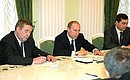 President Putin meeting with the heads of State Duma factions and groups. Next to the President are State Duma Speaker Gennady Seleznyov (left) and Deputy Chief of Staff of the Presidential Executive Office Vladislav Surkov.