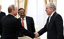 Before to the meeting with BRICS national security advisors. With Ambassador Extraordinary and Plenipotentiary of the Federative Republic of Brazil to the Russian Federation Antonio José Vallim Guerreiro (foreground) and National Security Advisor to the Prime Minister of the Indian Republic Ajit Kumar Doval.