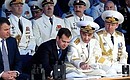 At a naval parade to celebrate Navy Day. With Defence Minister Anatoly Serdyukov, Commander in Chief of the Russian Navy Admiral Vladimir Vysotsky and Commander of the Russian Baltic Fleet Vice Admiral Viktor Chirkov.