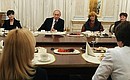 At a meeting at the Kremlin with women whose children have achieved outstanding results in the arts, science, sport, or been awarded the title Hero of Russia.