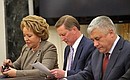 Before the start of an expanded format meeting of the Security Council. Left to right: Speaker of the Council of Federation Valentina Matviyenko, Chief of Staff of the Presidential Executive Office Sergei Ivanov, Interior Minister Vladimir Kolokoltsev.